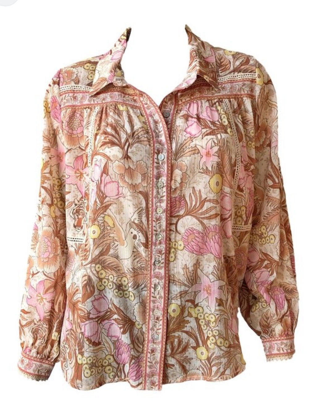 Spell Floral Button-Down Blouse in Pink, Brown & Yellow